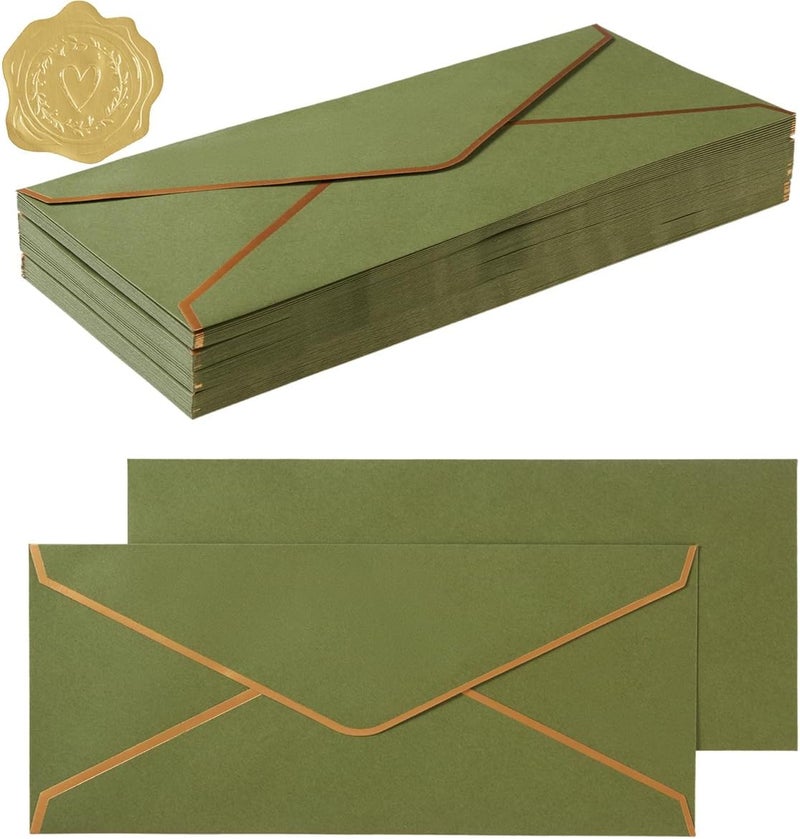 50 حزمة #10 أظرف أعمال بحدود ذهبية، أظرف قياسية ذاتية الإغلاق مع ملصقات ذهبية للمكتب، الشيكات، إرسال الرسائل، الفواتير، مقاس 4 1/8 × 9 1/2 بوصة (أخضر زيتوني) سطح مطفي (غير لامع) مضاد للانزلاق - Image 1