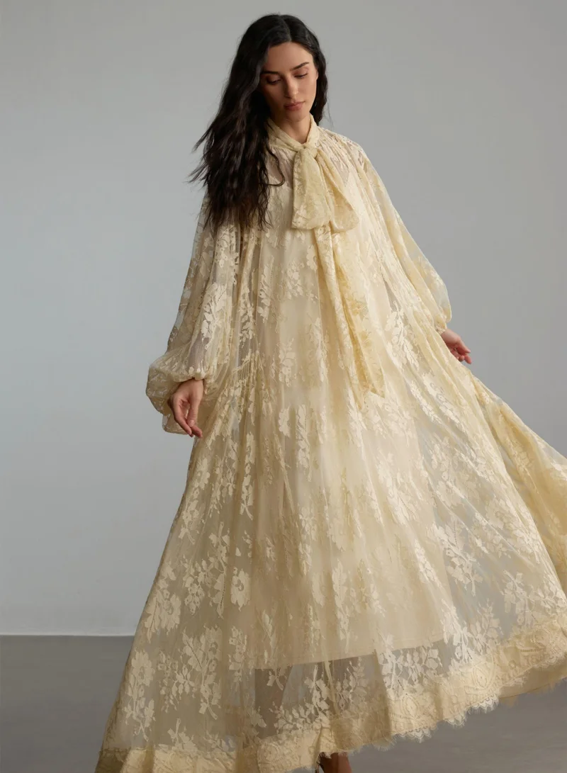 Sunfere Beige Catharine Floral Lace Sheer Maxi Dress for Women | Best Price UAE