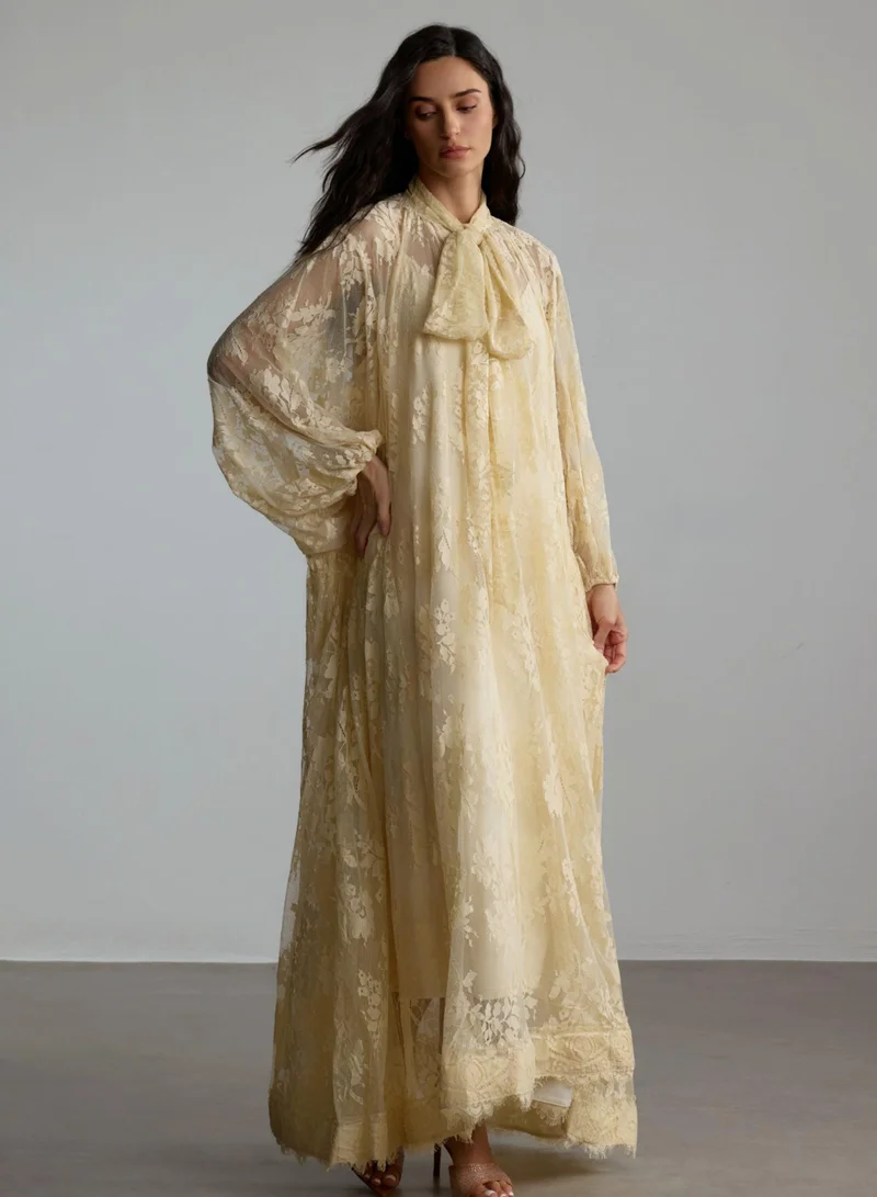 Sunfere Beige Catharine Floral Lace Sheer Maxi Dress for Women | Best Price UAE