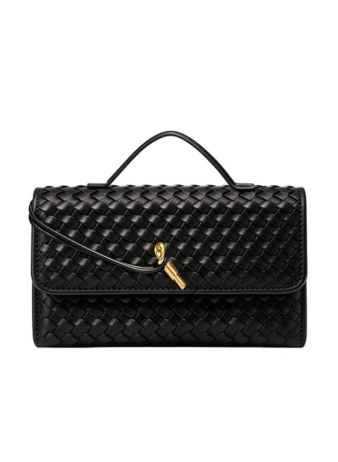JYG Woven Handbag for Women Fashion Evening Shoulder Bag PU Leather Handmade Clutch Purse Dark Black Casual Crossbody Bags 2024 - Image 1