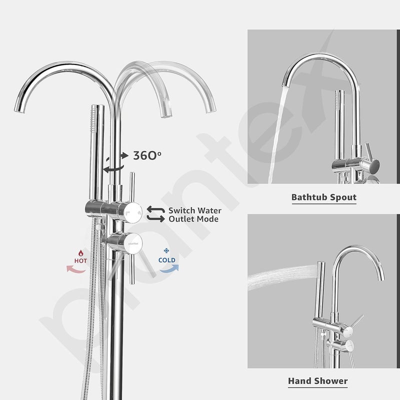 Plantex Pure Brass Free Standing Bathtub FaucetBath Tub Filler FaucetSingle Lever Basin Faucet with Handle Held Shower Chrome - Image 2