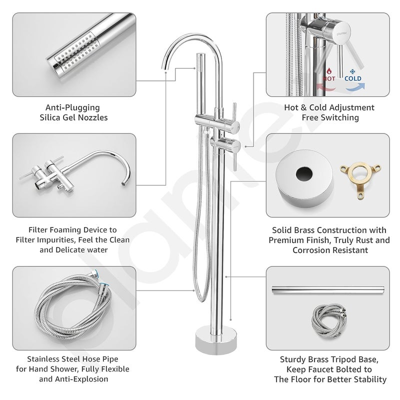Plantex Pure Brass Free Standing Bathtub FaucetBath Tub Filler FaucetSingle Lever Basin Faucet with Handle Held Shower Chrome - Image 3