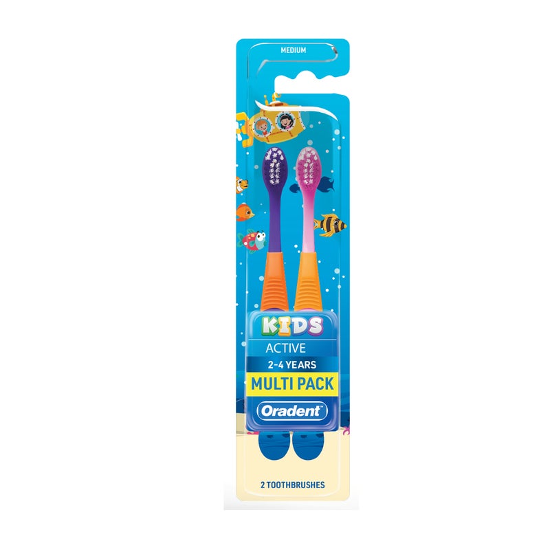 Oradent Kids Active Toothbrush 2–4 Years Medium, Wave Bristles, Non-Slip Handle and Extra Grip, Pack of 2pcs