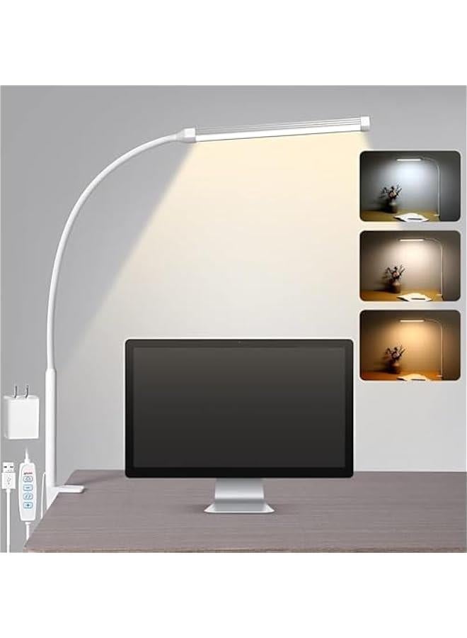 HOOKOR LED Desk lamp with Clamp, 3 Modes 10 Brightness, Eye-Caring Clip on Lights for Home Office, Long Flexible Gooseneck,Metal, Swing Arm Architect Task Table Lamps (White) - Image 1