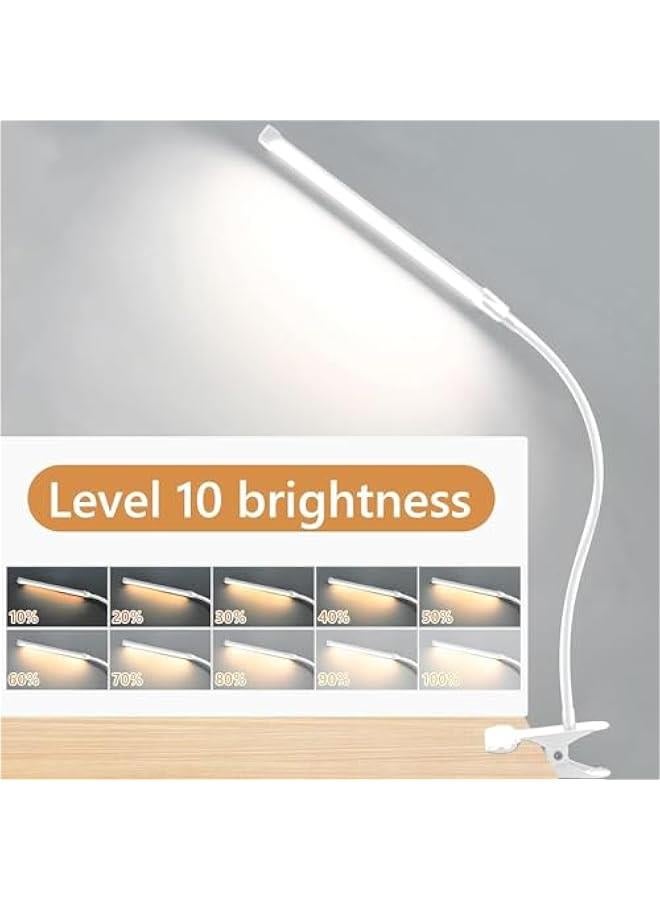 HOOKOR LED Desk lamp with Clamp, 3 Modes 10 Brightness, Eye-Caring Clip on Lights for Home Office, Long Flexible Gooseneck,Metal, Swing Arm Architect Task Table Lamps (White) - Image 2