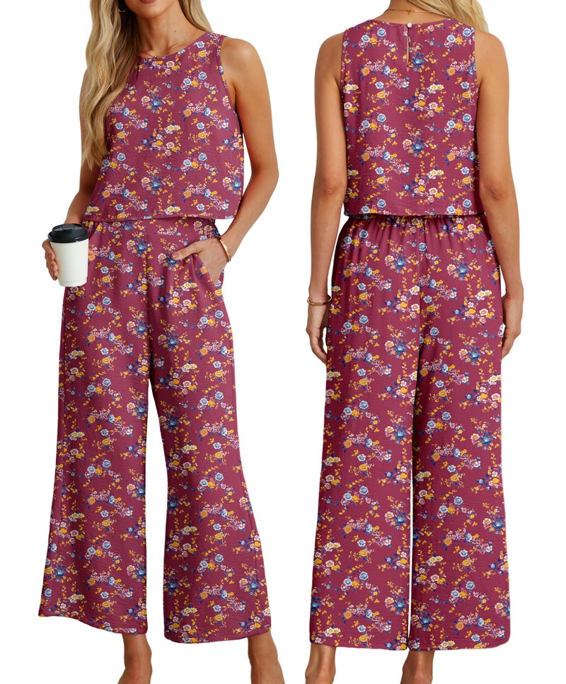 IWOLLENCE Women's Summer 2 Piece Outfits Set Round neck Sleeveless Tank Crop Top Wide Leg pants Set Pockets Jumpsuits Purple Ishitake Medium - Image 3