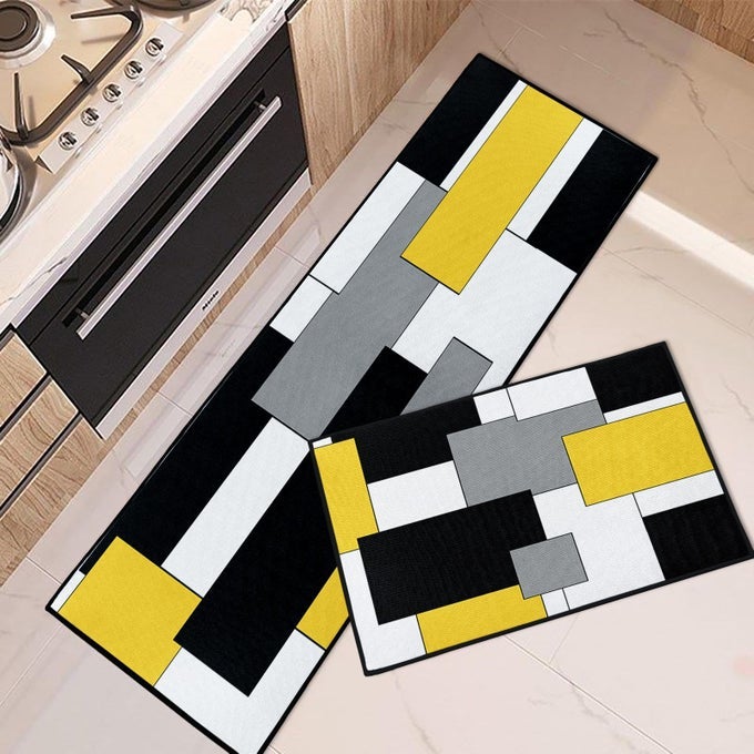 YELLOW GEOMETRIC KITCHEN RUGS AND MATS NON SKID WASHABLE SET OF 2 CHECKED BLACK GREY MATS FOR FLOOR RUSTIC MINIMALIST RUNNER RUG MODERN ABSTRACT KITCHEN DECOR