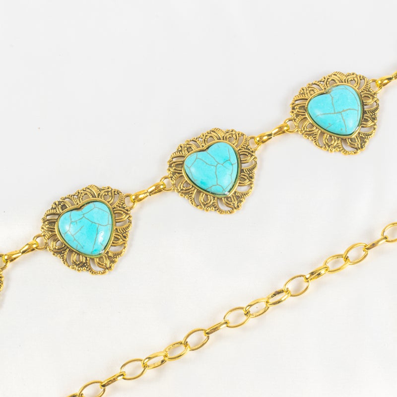 حزام وسط معدن حريمي ذهبي شكل قلب مرصع بحجر فيروزي - Image 3