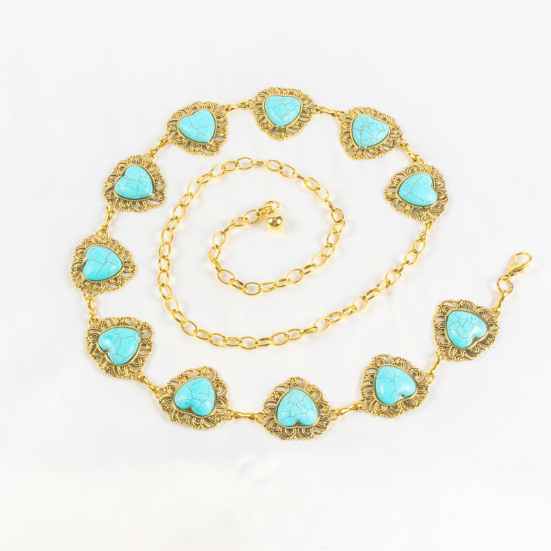 حزام وسط معدن حريمي ذهبي شكل قلب مرصع بحجر فيروزي - Image 1