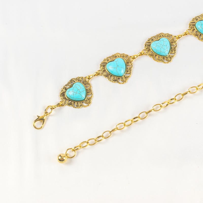 حزام وسط معدن حريمي ذهبي شكل قلب مرصع بحجر فيروزي - Image 2