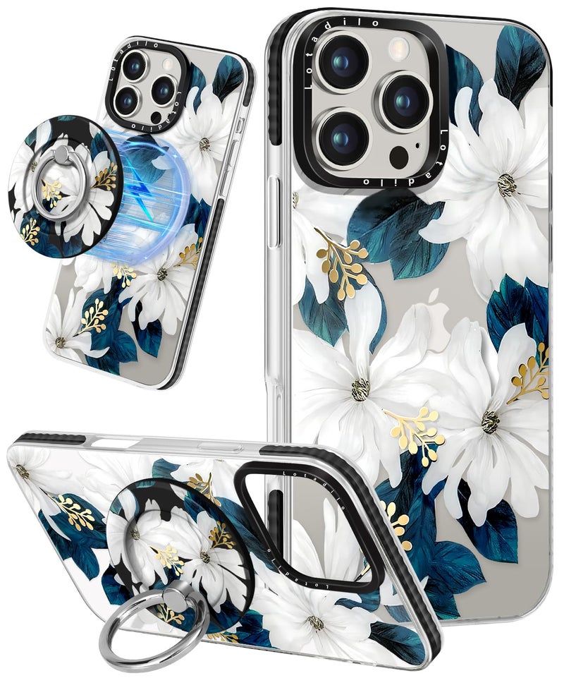 Lotadilo Case for iPhone 16 Pro Max Case Compatible with Magsafe Ring Holder Stand - for Women Blue Flower Design TPU Phone Cover for Girls Girly Funny Fashion - Image 1