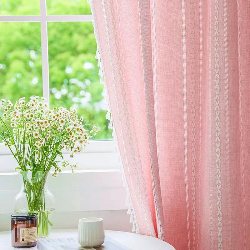 Deeprove Pink Boho Curtains for Kids Room Girls Nursery Room  Pretty Princess Theme Home Decoration Privacy Protection  Bohemian Semi-Blackout Light Filter Window Tassel Drape (1 Panel 52"" x 90"") - Image 1