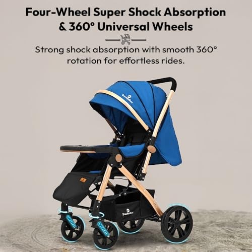 StarAndDaisy Foldable Stroller for Baby 0-3 Years Infant & Toddler / Travel Pram for Baby with Suspension & Lockable Wheels, Multi-Level Recline & Adjustable Footrest & Canopy, Removable Tray , Safety Harness Belt -Pink - Image 5
