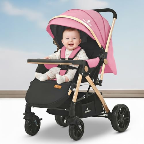 StarAndDaisy Foldable Stroller for Baby 0-3 Years Infant & Toddler / Travel Pram for Baby with Suspension & Lockable Wheels, Multi-Level Recline & Adjustable Footrest & Canopy, Removable Tray , Safety Harness Belt -Pink - Image 1