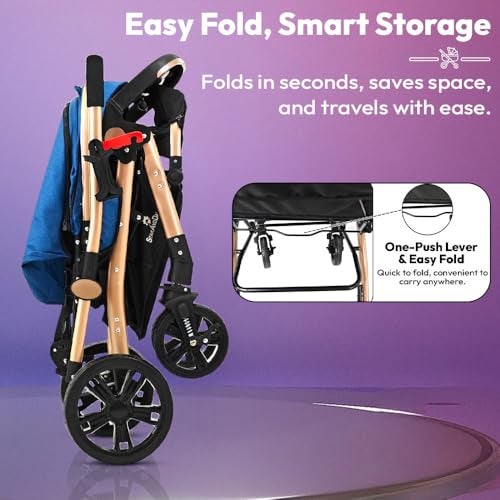 StarAndDaisy Foldable Stroller for Baby 0-3 Years Infant & Toddler / Travel Pram for Baby with Suspension & Lockable Wheels, Multi-Level Recline & Adjustable Footrest & Canopy, Removable Tray , Safety Harness Belt -Pink - Image 4