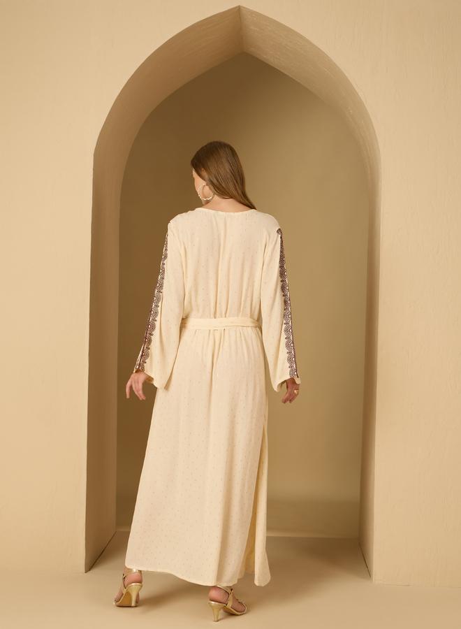 Styli Styli Crinkled Embroidered Detail Jacquard Jalabiya with Fabric Belt  - Image 5