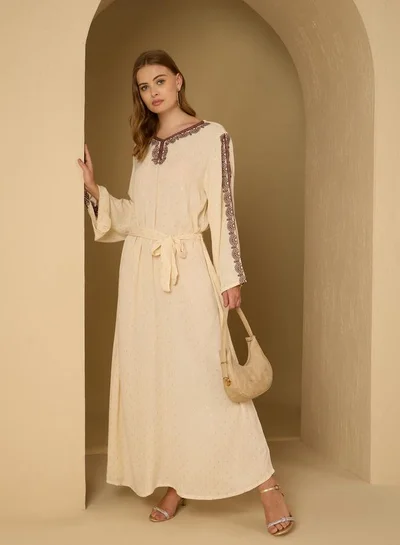 Styli Crinkled Embroidered Detail Jacquard Jalabiya with Fabric Belt