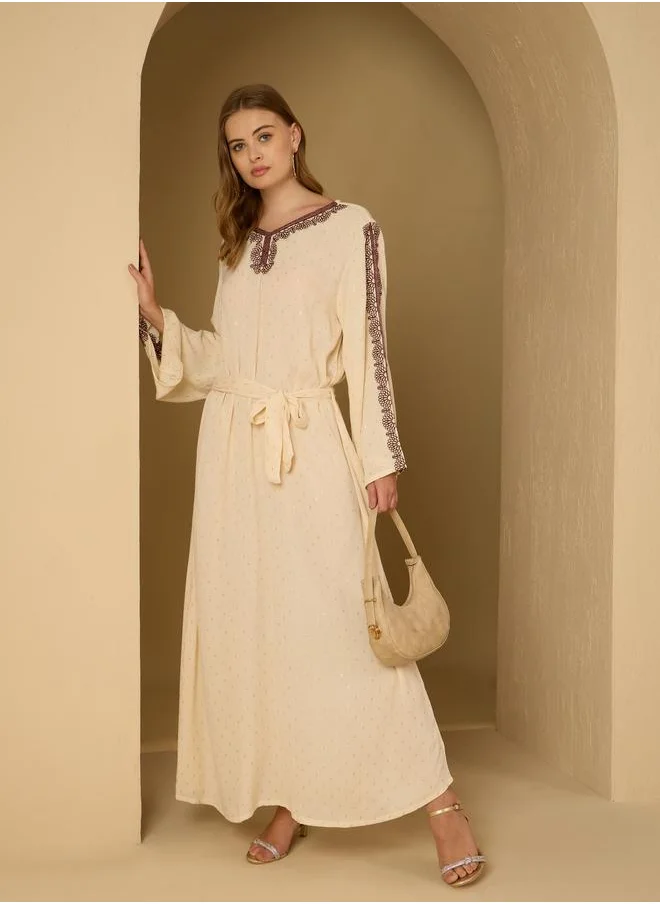 ستايلي Styli Crinkled Embroidered Detail Jacquard Jalabiya with Fabric Belt