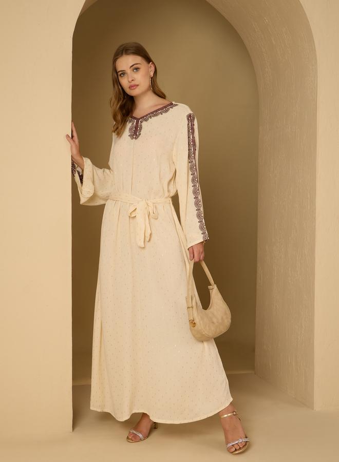 Styli Styli Crinkled Embroidered Detail Jacquard Jalabiya with Fabric Belt  - Image 1