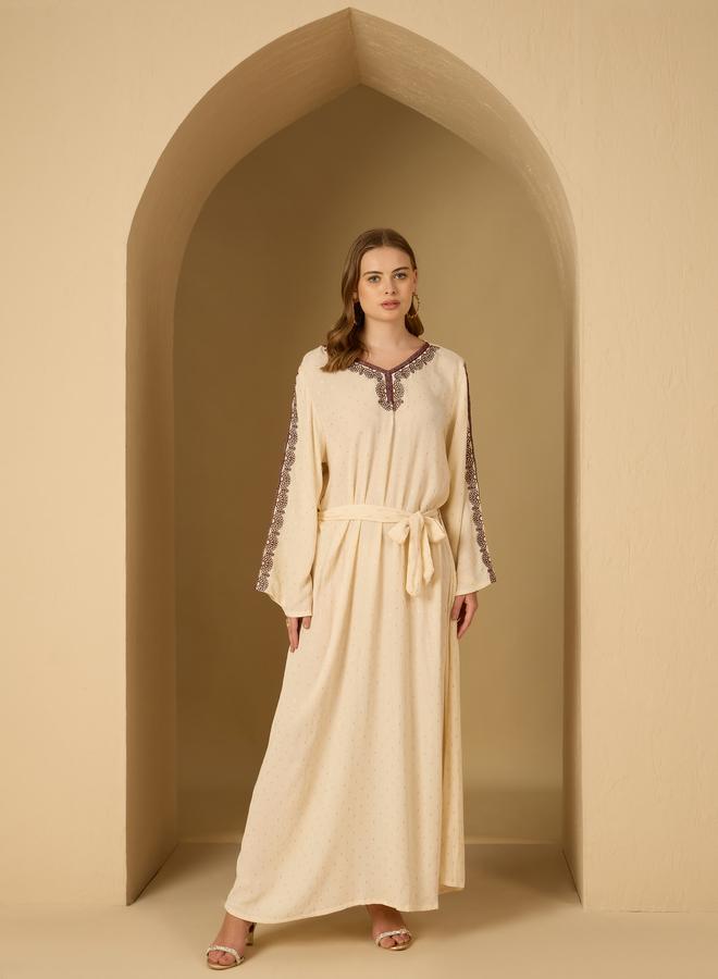Styli Styli Crinkled Embroidered Detail Jacquard Jalabiya with Fabric Belt  - Image 2