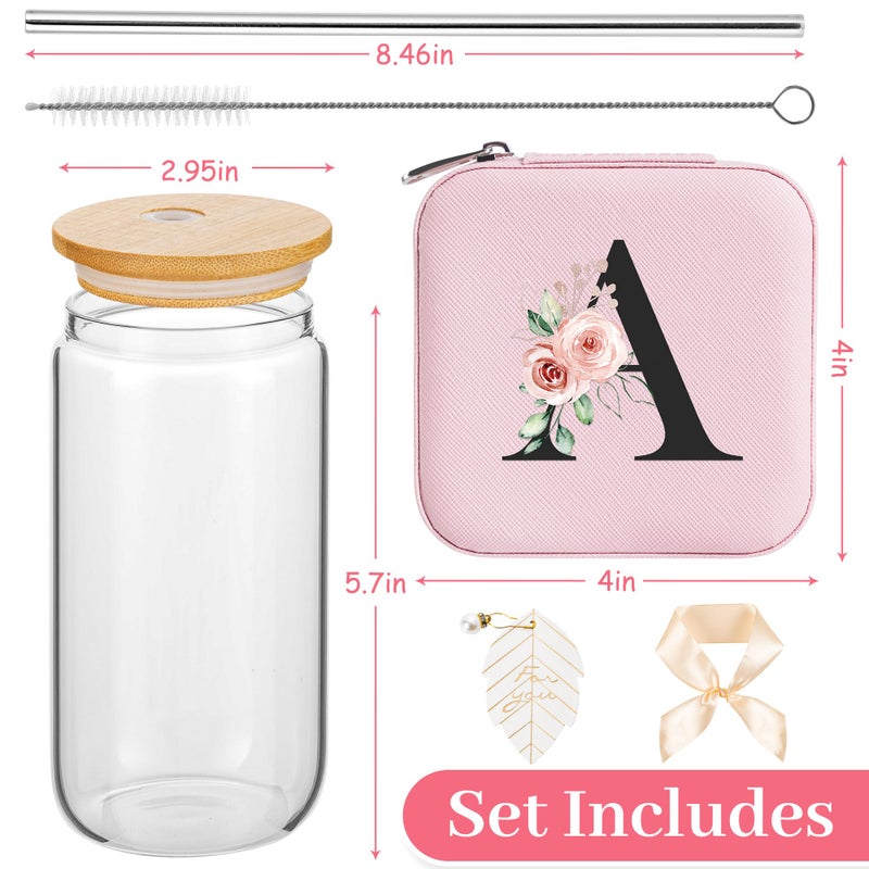 AYGXU christmas gifts for teens,glass cups with lids and straws,bridesmaid proposal gifts,Initia glass cups,Travel Must Have Jewelry Box,iced coffee cups,Travel Gifts for Women Girls,Initial A pink - Image 2