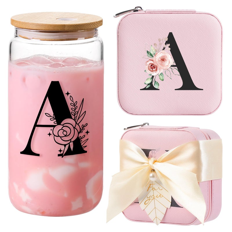 AYGXU christmas gifts for teens,glass cups with lids and straws,bridesmaid proposal gifts,Initia glass cups,Travel Must Have Jewelry Box,iced coffee cups,Travel Gifts for Women Girls,Initial A pink - Image 1