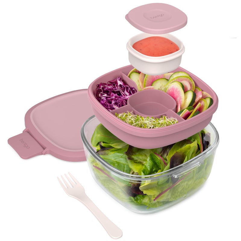 Bentgo Glass AllinOne Salad Container  Large 61oz Salad Bowl with Lid 4Compartment BentoStyle Tray 3oz Sauce Container and Reusable Fork  Dishwasher Microwave and Oven Safe Rose