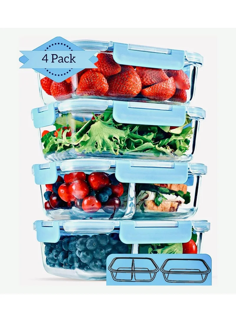 QUESERA Glass Bento Box with 2 and 3 compartments- pack of 4