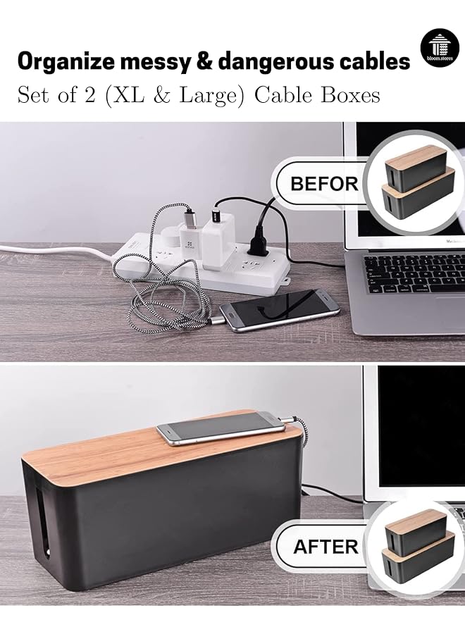erorex Bloom.Stores Cable Management Boxes Set Of 2 Large Extension Cable Organizer Box With Slotted Top For Heads Up Display Elegant Strong High Utility Combo Xl + Large Black Bamboo - Image 3