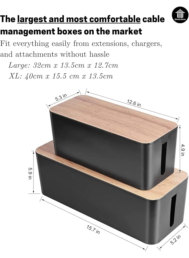 erorex Bloom.Stores Cable Management Boxes Set Of 2 Large Extension Cable Organizer Box With Slotted Top For Heads Up Display Elegant Strong High Utility Combo Xl + Large Black Bamboo - Image 5