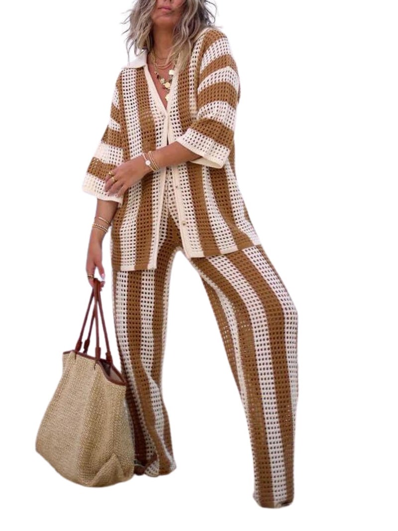NIFTRIRY Women Cover Up Sets Button Up Tops with Pants Crochet Set Outfit 2 Piece Outfits Vacation Outfits - Image 1