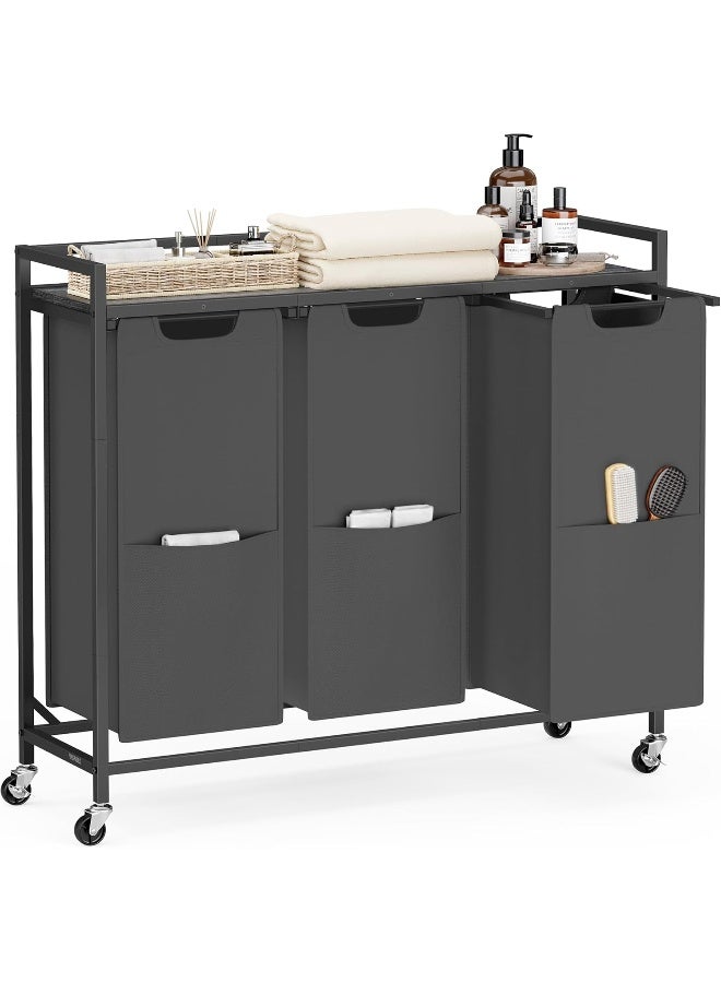 VASAGLE Laundry Sorter, 43.5 Gal. (165 L) Laundry Hamper Basket with 3 Compartments, Rolling Cart with Wheels, Shelf, Removable Bags, Pockets, Slate Gray and Charcoal Gray - Image 1