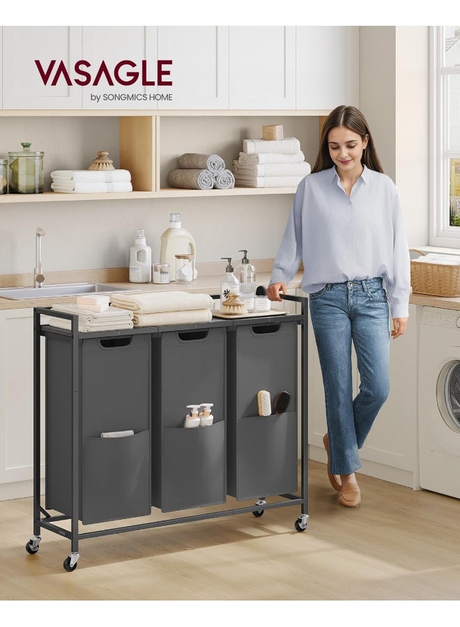 VASAGLE Laundry Sorter, 43.5 Gal. (165 L) Laundry Hamper Basket with 3 Compartments, Rolling Cart with Wheels, Shelf, Removable Bags, Pockets, Slate Gray and Charcoal Gray - Image 2