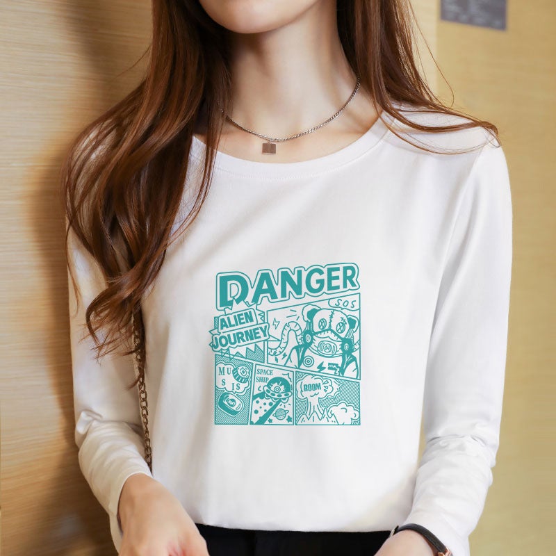 2021 New Arrival Large Size Printed Long-Sleeved T-Shirt Women's Loose All-Match White T-Shirt Korean Style Base Shirt ins Top - Image 4