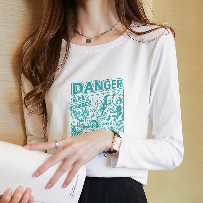 2021 New Arrival Large Size Printed Long-Sleeved T-Shirt Women's Loose All-Match White T-Shirt Korean Style Base Shirt ins Top - Image 1