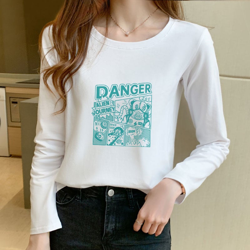 2021 New Arrival Large Size Printed Long-Sleeved T-Shirt Women's Loose All-Match White T-Shirt Korean Style Base Shirt ins Top - Image 3