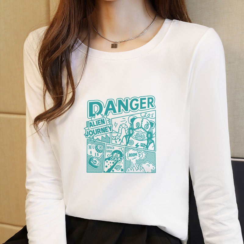 2021 New Arrival Large Size Printed Long-Sleeved T-Shirt Women's Loose All-Match White T-Shirt Korean Style Base Shirt ins Top - Image 5