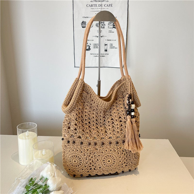 Women's Knitted Openwork Large Capacity Tassel Shoulder Bag for Beach Vacation - Image 1