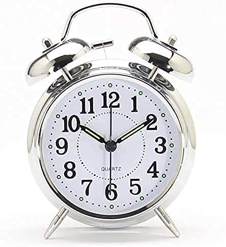 Diazola Diazola Brass Vintage Twin Bell Table Top Alarm Clock with Night LED Light Display Alarm Clock for Bedroom Heavy Sleepers Kids and Students Silver White Small  - Image 3