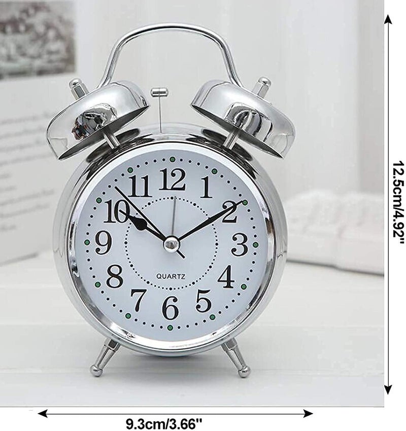 Diazola Diazola Brass Vintage Twin Bell Table Top Alarm Clock with Night LED Light Display Alarm Clock for Bedroom Heavy Sleepers Kids and Students Silver White Small  - Image 2