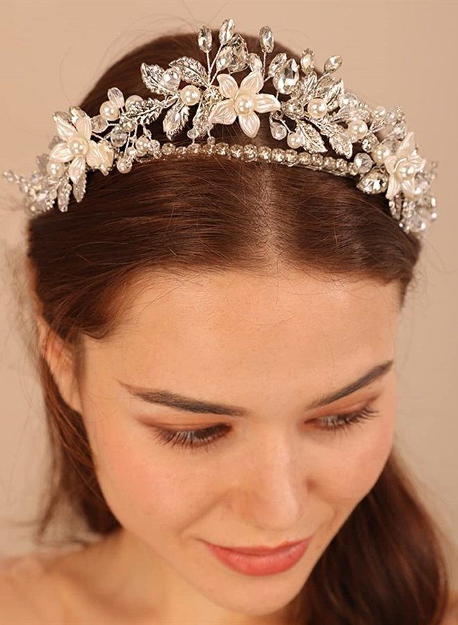 Bridal Flower Crown Tiara Silver Leaf Headband Rhinestones Headpieces for Women Girls Hair Accessories Wedding Prom (Silver)