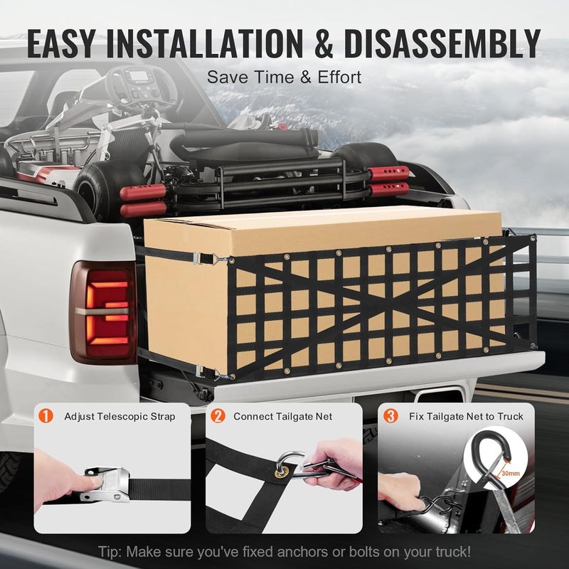 VEVOR Tailgate Net, 54 in x 18 in, Heavy Duty Cargo Net for Truck Bed with 4 Adjustable Telescopic Straps, Cross-reinforced Design, Extendable & Durable, Suitable for Pickup, Truck, Trailer, Jeep, SUV - Image 4