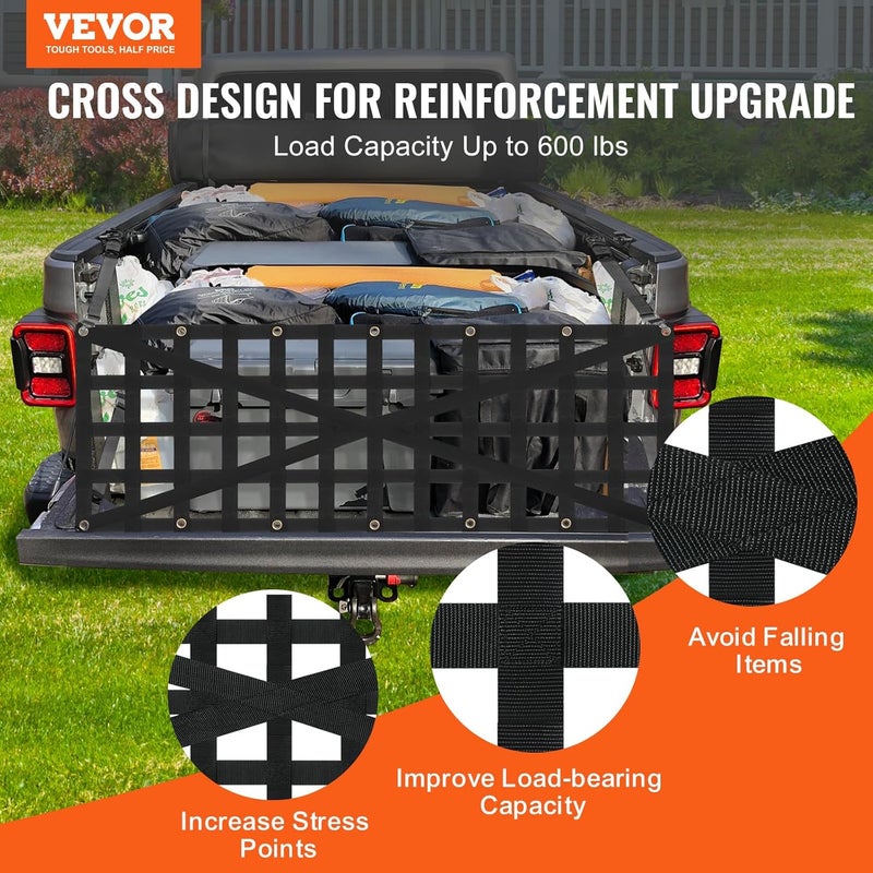 VEVOR Tailgate Net, 54 in x 18 in, Heavy Duty Cargo Net for Truck Bed with 4 Adjustable Telescopic Straps, Cross-reinforced Design, Extendable & Durable, Suitable for Pickup, Truck, Trailer, Jeep, SUV - Image 2