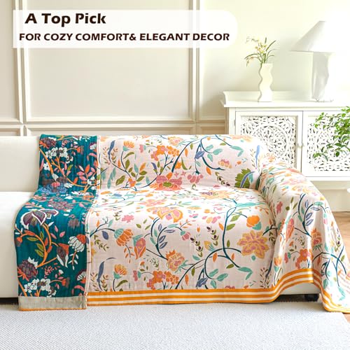 VANJOROY Boho Throw Blanket for Bed 100 Organic Cotton Breathable Ultra Soft 50 x 60 Quilt Beige Throw All Season Floral Farmhouse Decor Luxury Reversible Blanket for Sofa Couch Chair and Gift - Image 3