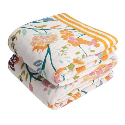 VANJOROY Boho Throw Blanket for Bed 100 Organic Cotton Breathable Ultra Soft 50 x 60 Quilt Beige Throw All Season Floral Farmhouse Decor Luxury Reversible Blanket for Sofa Couch Chair and Gift - Image 1
