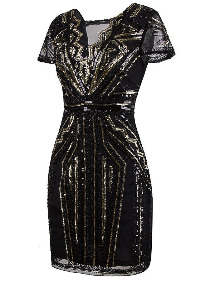 Vijiv 1920s Short Prom Dresses V Neck Inspired Sequins Cocktail Flapper Dress, Gold Glam, M - Image 2