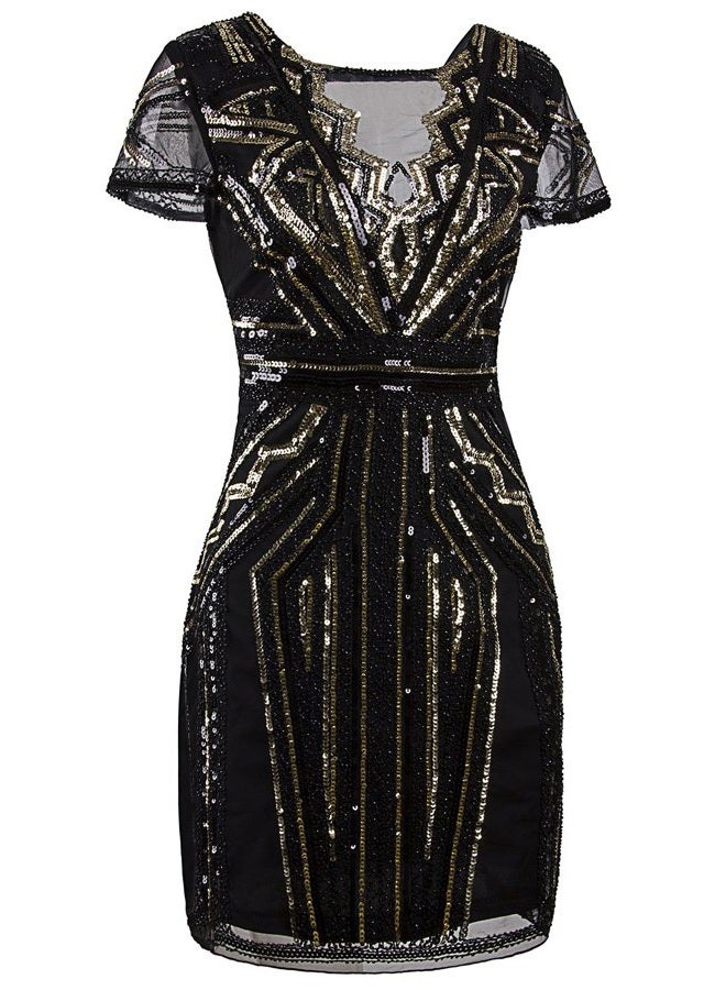 Vijiv 1920s Short Prom Dresses V Neck Inspired Sequins Cocktail Flapper Dress, Gold Glam, M - Image 3