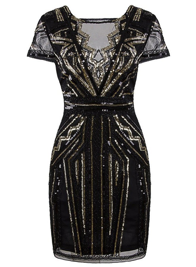 Vijiv 1920s Short Prom Dresses V Neck Inspired Sequins Cocktail Flapper Dress, Gold Glam, M - Image 1