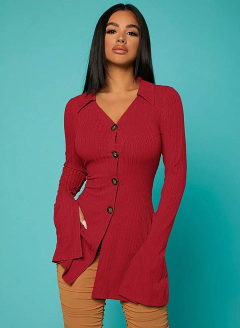 Ribbed Knit Split Sleeve Button Up Top
