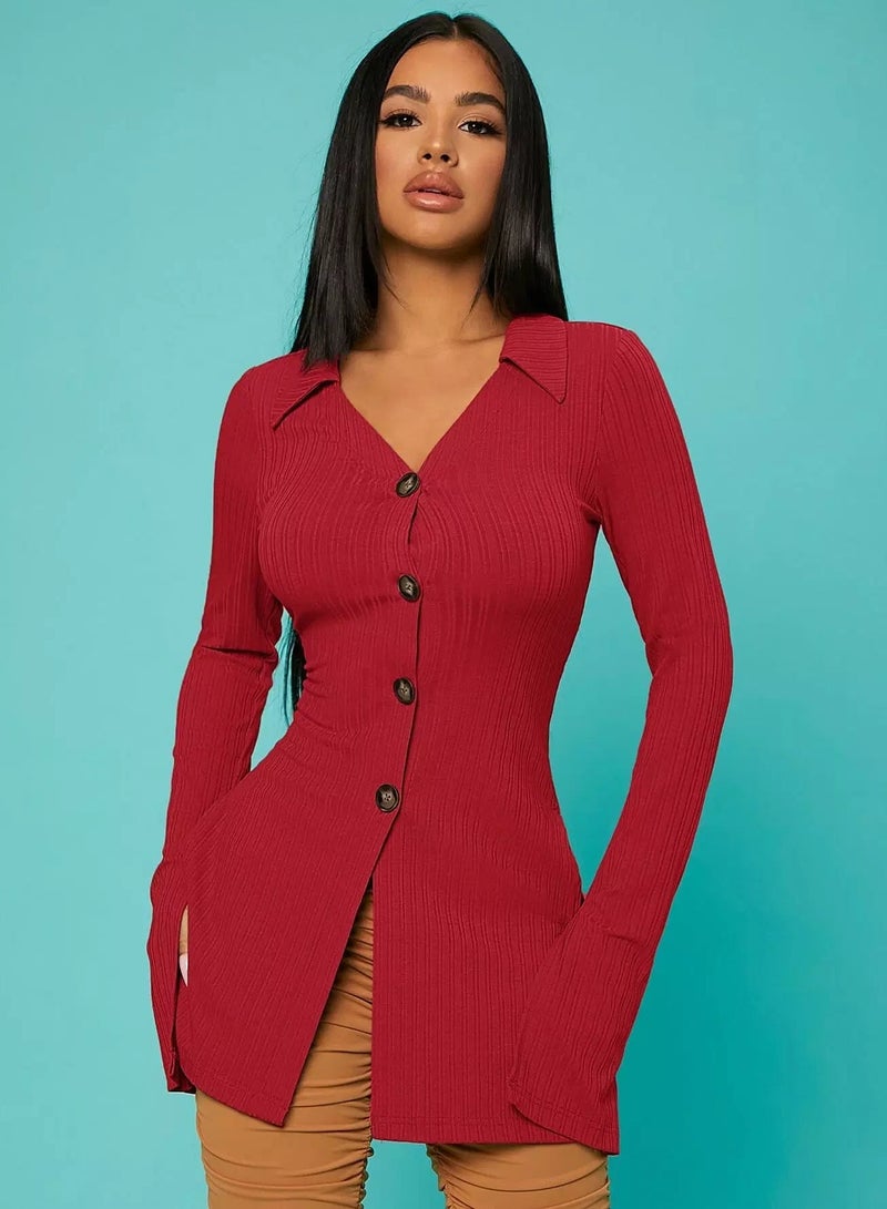 Ribbed Knit Split Sleeve Button Up Top